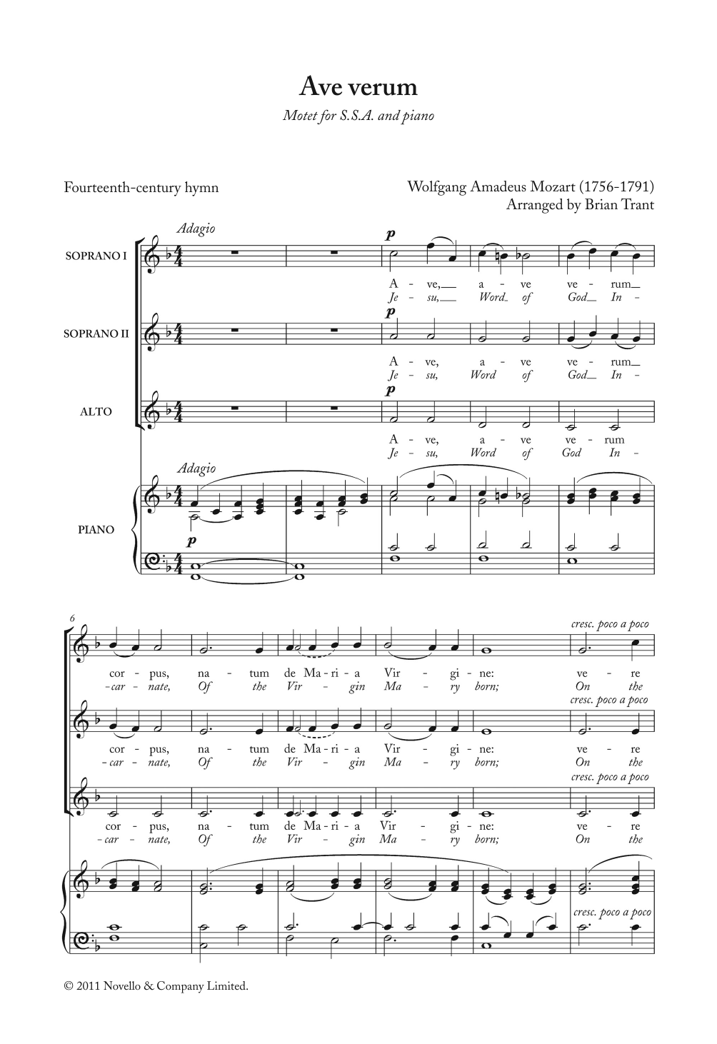 Wolfgang Amadeus Mozart Ave Verum sheet music notes and chords. Download Printable PDF.