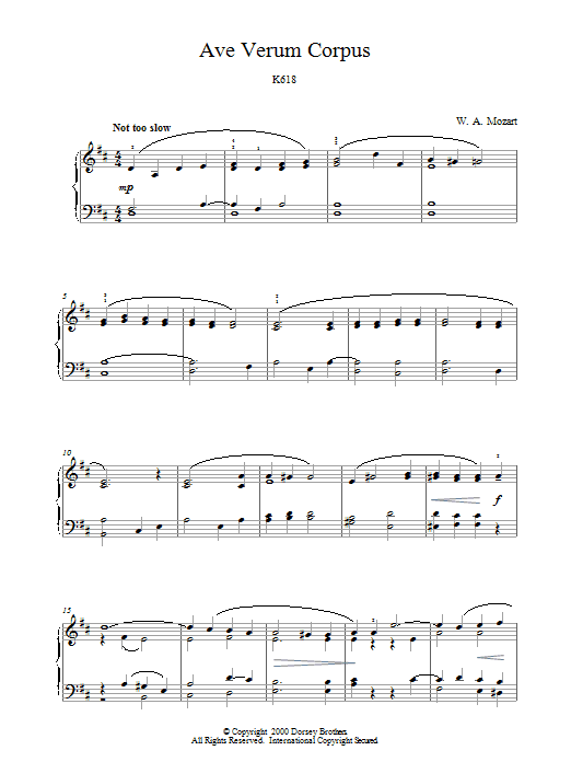 Wolfgang Amadeus Mozart Ave Verum Corpus, K618 sheet music notes and chords. Download Printable PDF.