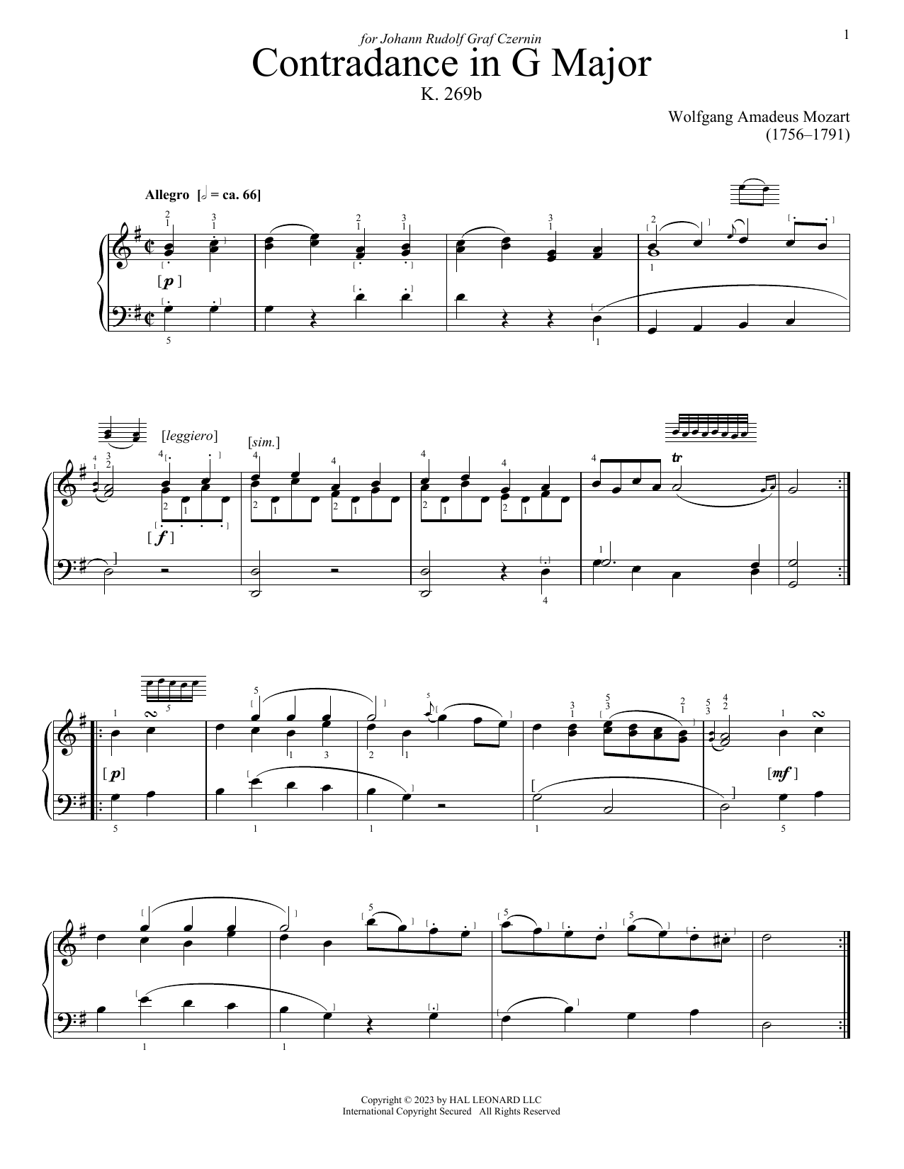 Wolfgang Amadeus Mozart Contredance sheet music notes and chords. Download Printable PDF.