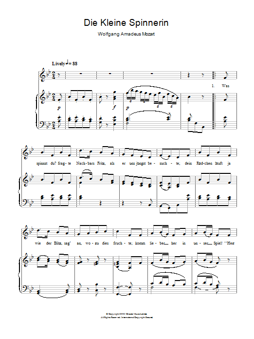 Learn to play Wolfgang Amadeus Mozart Die Kleine Spinnerin K.531 sheet music for Piano & Vocal in minutes. Price: 6.9900$ Wolfgang Amadeus Mozart Die Kleine Spinnerin K.531 sheet music notes and chords arranged for Piano & Vocal
