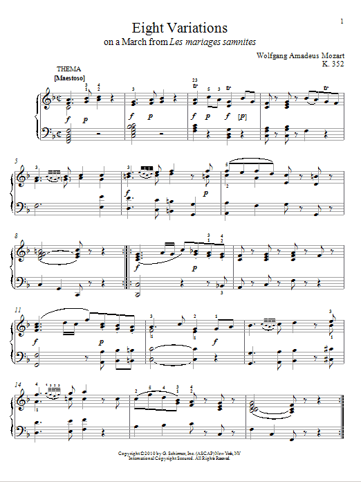 Learn to play Wolfgang Amadeus Mozart Eight Variations On A March from Les Mariages Samnites, K. 352 sheet music for Piano Solo in minutes. Wolfgang Amadeus Mozart Eight Variations On A March from Les Mariages Samnites, K. 352 sheet music notes and chords. Download Printable PDF.