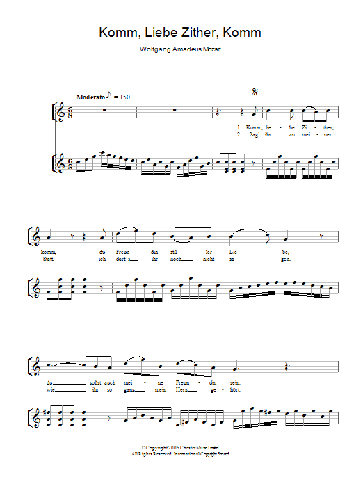 Learn to play Wolfgang Amadeus Mozart Komm, Liebe Zither, Komm K.351 sheet music for Piano & Vocal in minutes. Price: 6.9900$ Wolfgang Amadeus Mozart Komm, Liebe Zither, Komm K.351 sheet music notes and chords arranged for Piano & Vocal