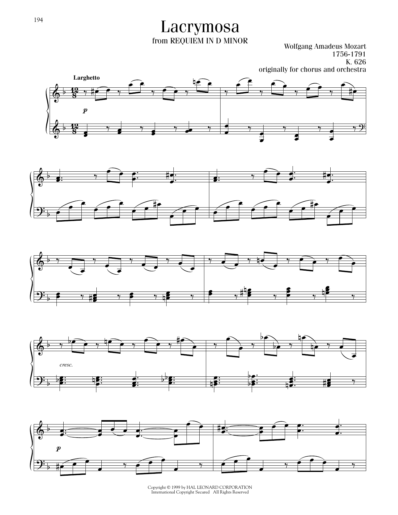 Wolfgang Amadeus Mozart Lacrymosa sheet music notes and chords. Download Printable PDF.