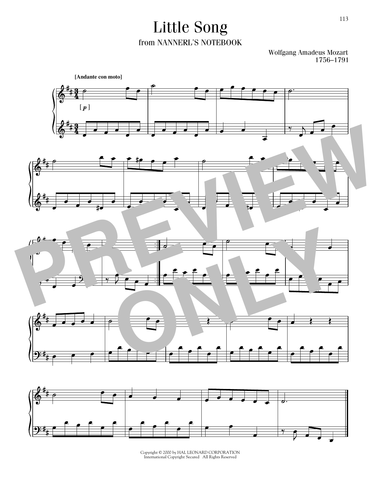 Wolfgang Amadeus Mozart Little Song sheet music notes and chords. Download Printable PDF.