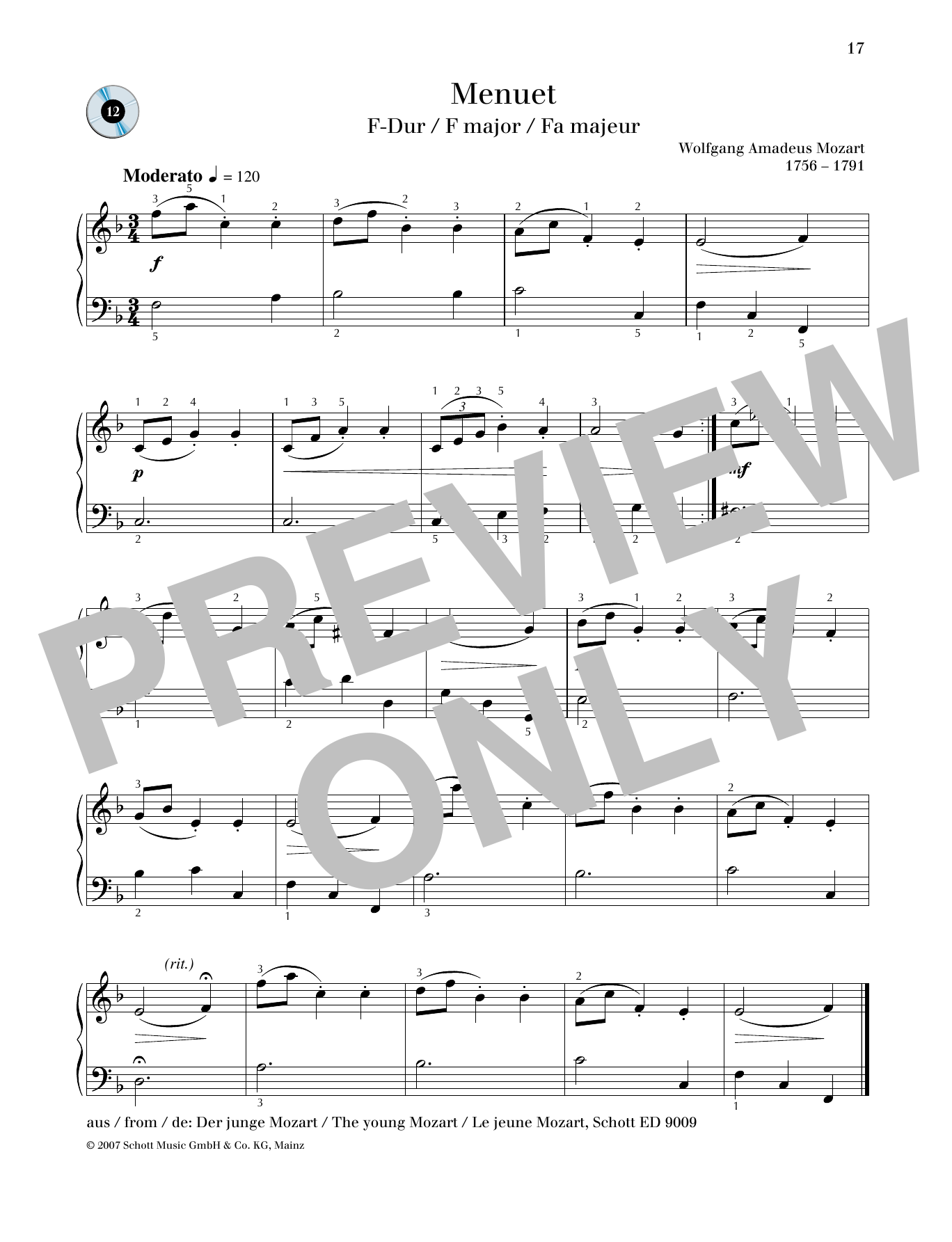 Learn to play Wolfgang Amadeus Mozart Minuet F major sheet music for Piano Solo in minutes. Price: 6.9900$ Wolfgang Amadeus Mozart Minuet F major sheet music notes and chords arranged for Piano Solo