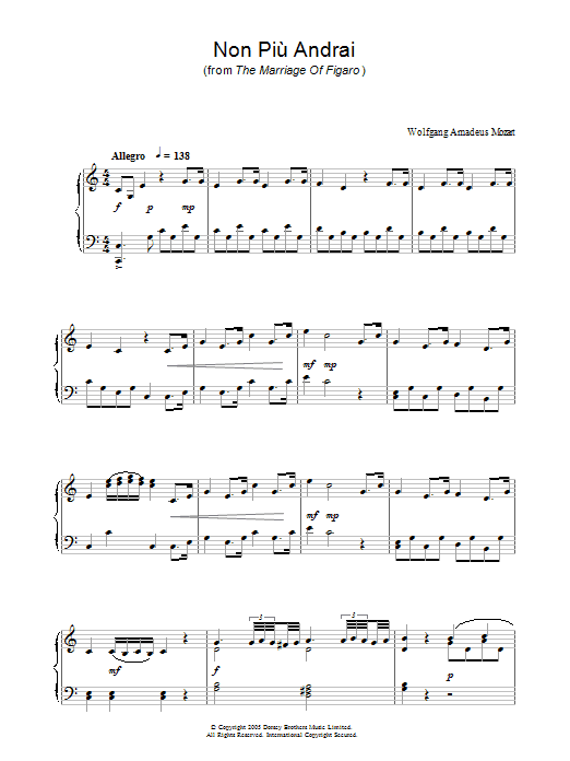Learn to play Wolfgang Amadeus Mozart Non Più Andrai (from The Marriage Of Figaro) sheet music for Easy Piano in minutes. Wolfgang Amadeus Mozart Non Più Andrai (from The Marriage Of Figaro) sheet music notes and chords. Download Printable PDF.