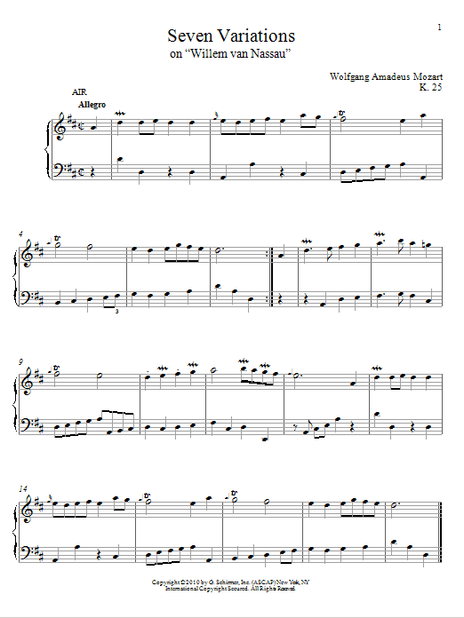 Learn to play Wolfgang Amadeus Mozart Seven Variations on Willem van Nassau, K. 25 sheet music for Piano Solo in minutes. Wolfgang Amadeus Mozart Seven Variations on Willem van Nassau, K. 25 sheet music notes and chords
