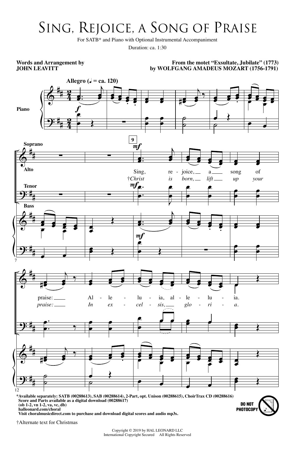 Learn to play Wolfgang Amadeus Mozart Sing, Rejoice A Song Of Praise (arr. John Leavitt) sheet music for 2-Part Choir in minutes. Price: 3.9900$ Wolfgang Amadeus Mozart Sing, Rejoice A Song Of Praise (arr. John Leavitt) sheet music notes and chords arranged for 2-Part Choir