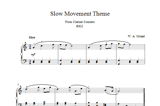 Wolfgang Amadeus Mozart Slow Movement Theme (from Clarinet Concerto K622) sheet music notes and chords. Download Printable PDF.
