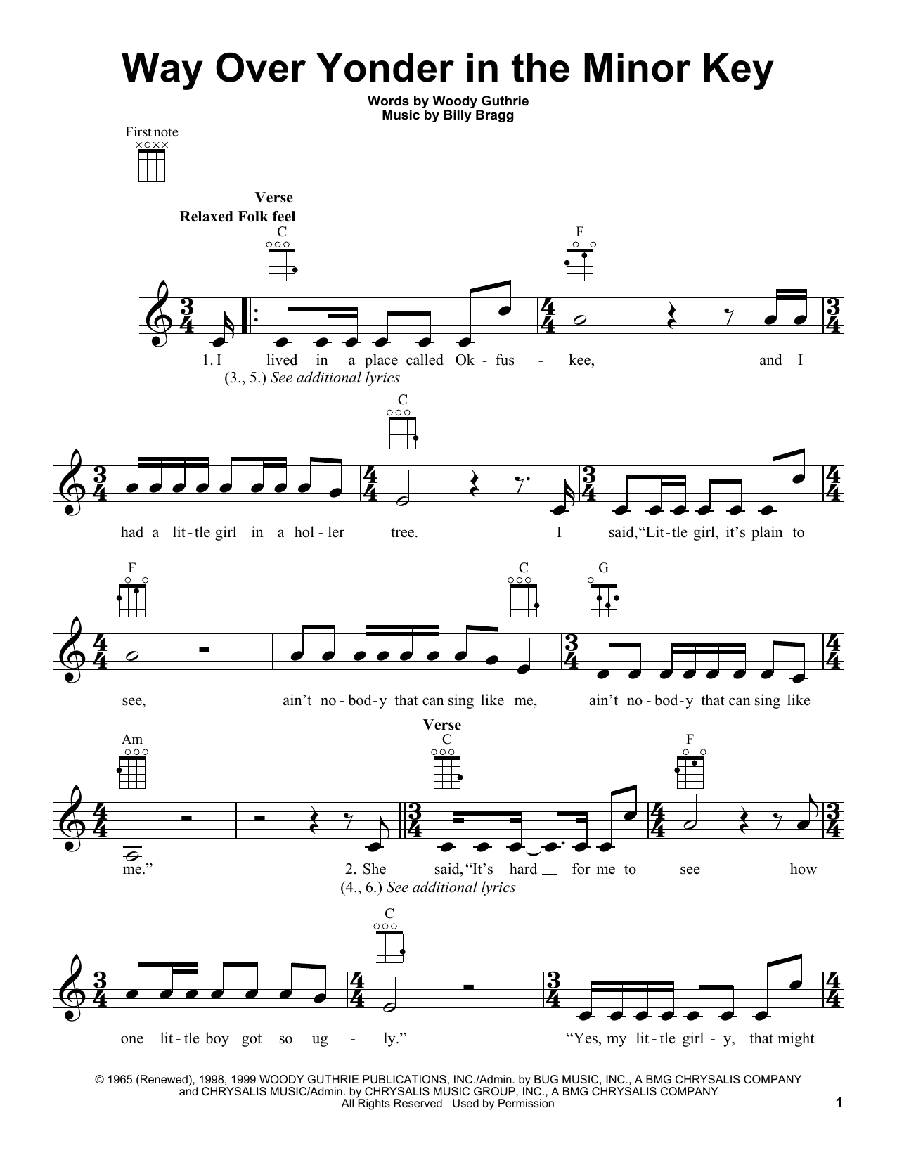 Learn to play Woody Guthrie Way Over Yonder In The Minor Key sheet music for Ukulele in minutes. Woody Guthrie Way Over Yonder In The Minor Key sheet music notes and chords. Download Printable PDF.