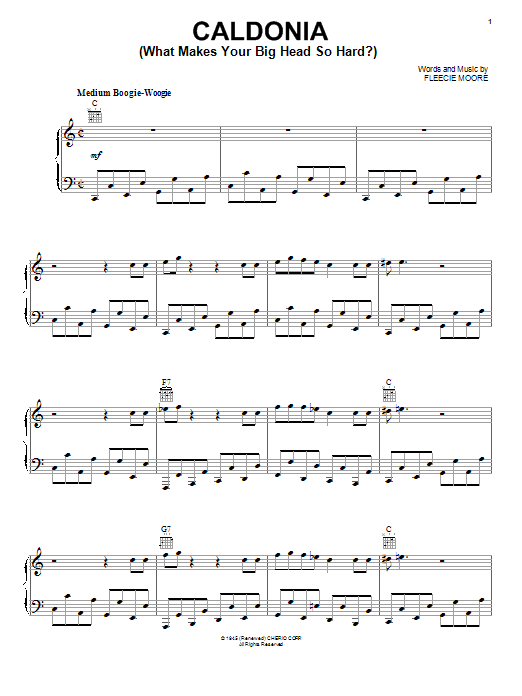Learn to play Woody Herman & His Orchestra Caldonia (What Makes Your Big Head So Hard?) sheet music for Lead Sheet / Fake Book in minutes. Price: 5.9900$ Woody Herman & His Orchestra Caldonia (What Makes Your Big Head So Hard?) sheet music notes and chords arranged for Lead Sheet / Fake Book