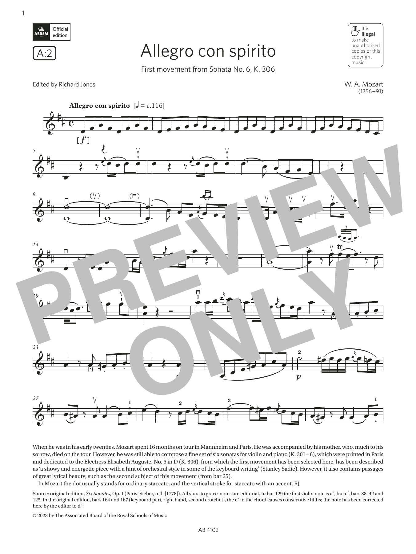Download Allegro con spirito - W. A. Mozart | Violin Solo Sheet Music ...