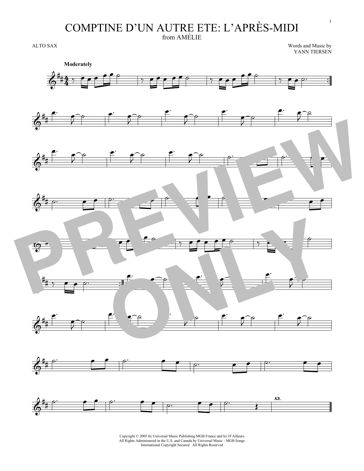 Learn to play Yann Tiersen Comptine d'un autre été: L'après-midi (from Amelie) sheet music for Alto Sax Solo in minutes. Price: 6.9900$ Yann Tiersen Comptine d'un autre été: L'après-midi (from Amelie) sheet music notes and chords arranged for Alto Sax Solo