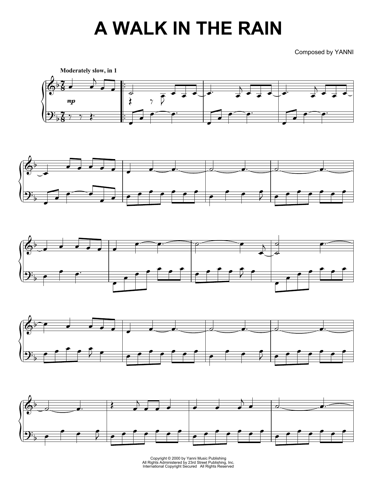 Learn to play Yanni A Walk In The Rain sheet music for Piano Solo in minutes. Yanni A Walk In The Rain sheet music notes and chords. Download Printable PDF.