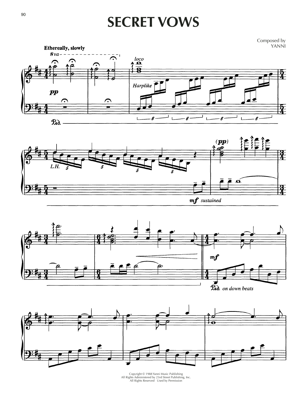 Yanni Secret Vows sheet music notes and chords. Download Printable PDF.