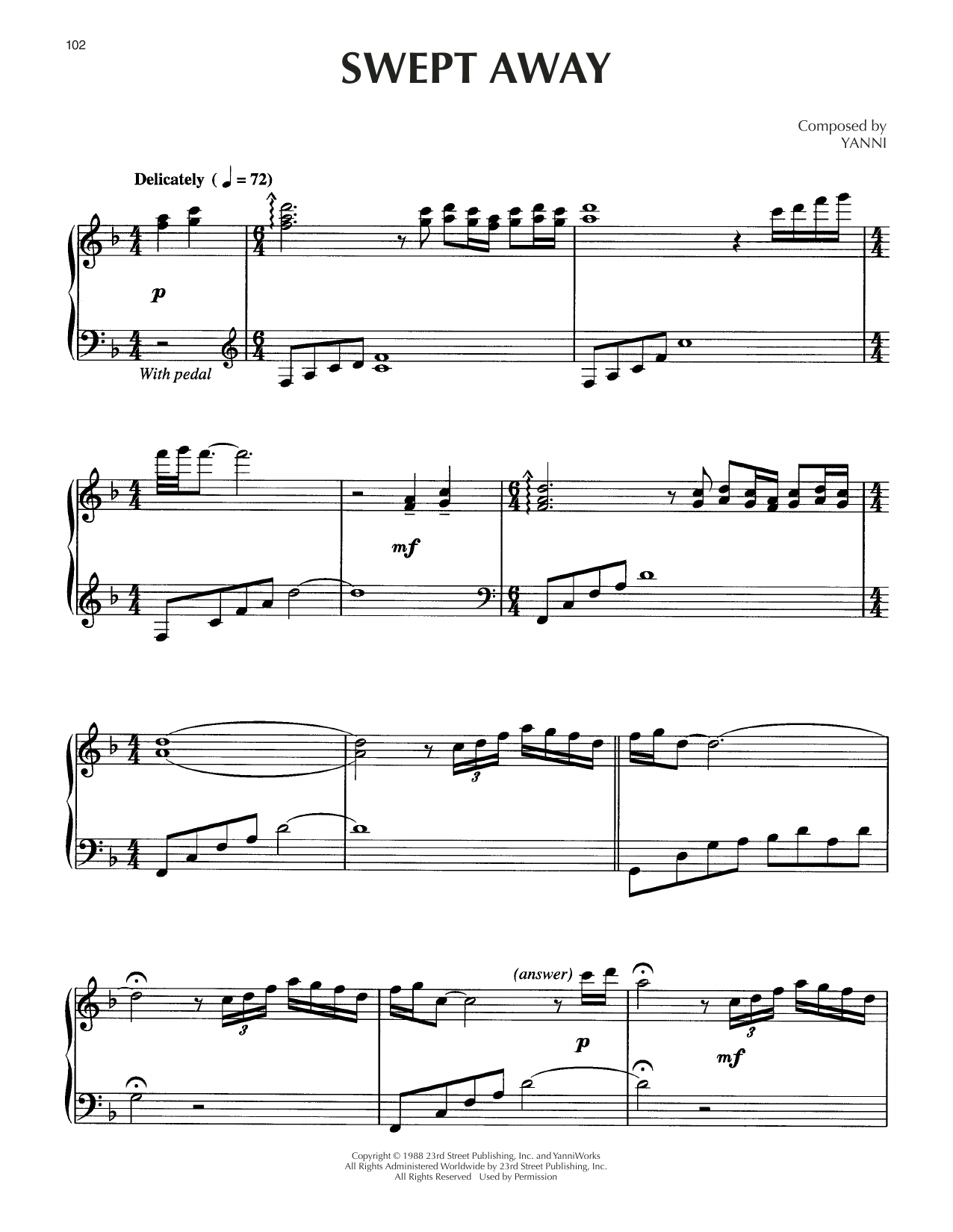 Yanni Swept Away sheet music notes and chords. Download Printable PDF.