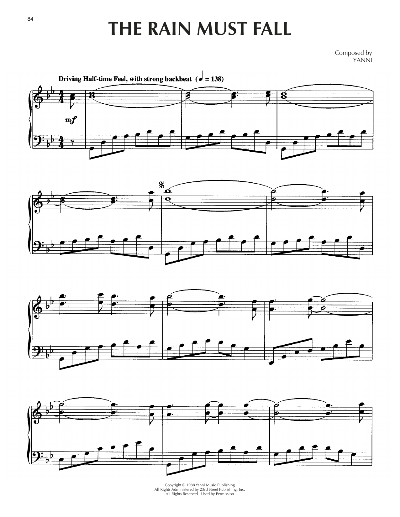 Yanni The Rain Must Fall sheet music notes and chords. Download Printable PDF.