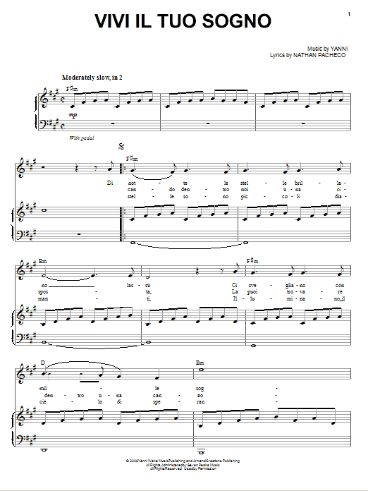 Yanni Vivi Il Tuo Sogno sheet music notes and chords. Download Printable PDF.