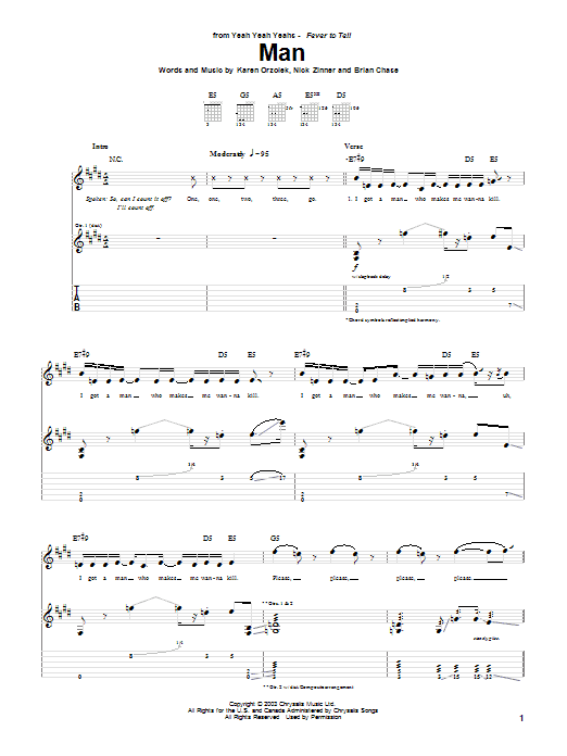 Yeah Yeah Yeahs Man sheet music notes and chords. Download Printable PDF.