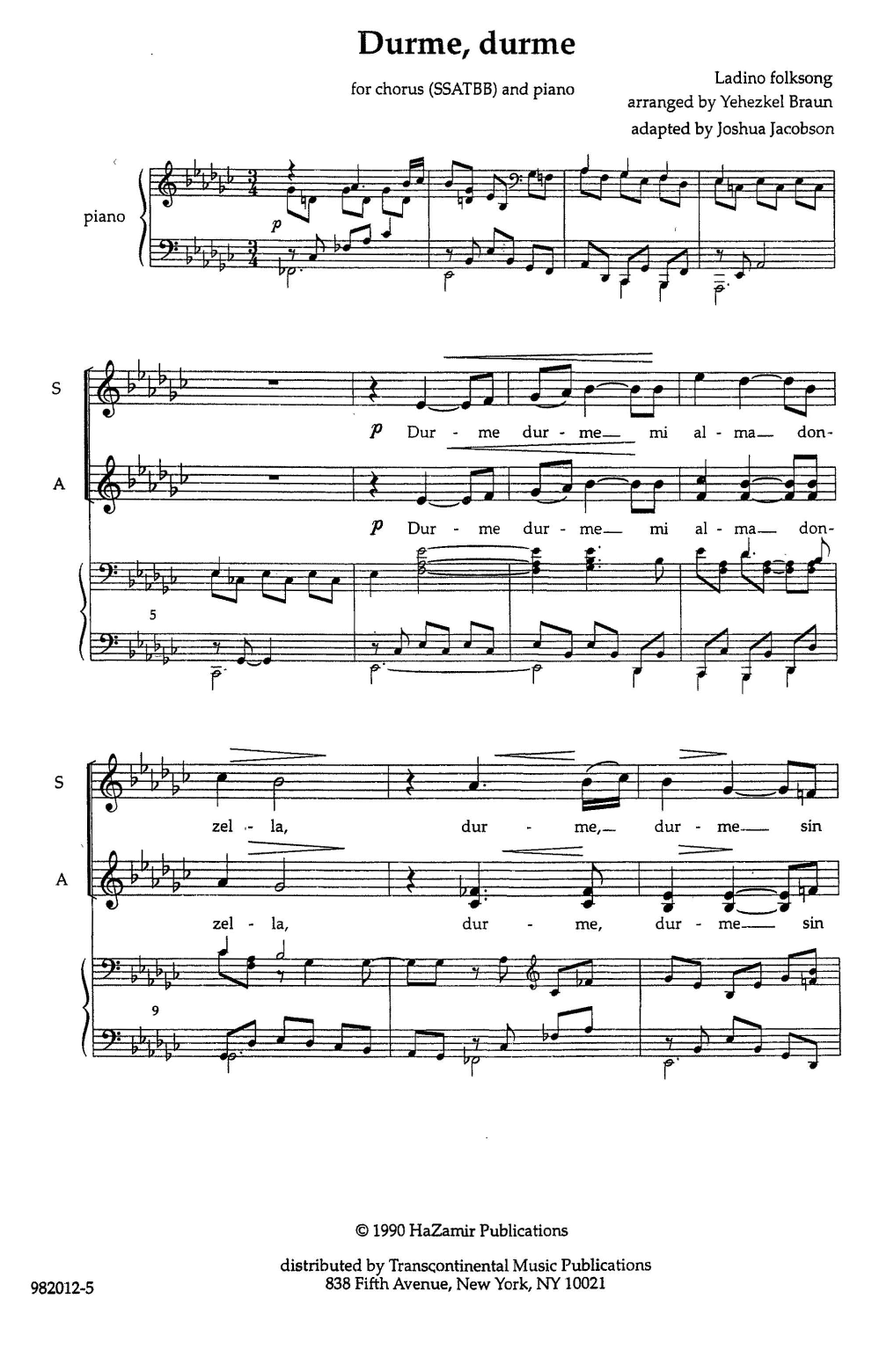 Yehezkel Braun Durme, Durme sheet music notes and chords arranged for SATB Choir