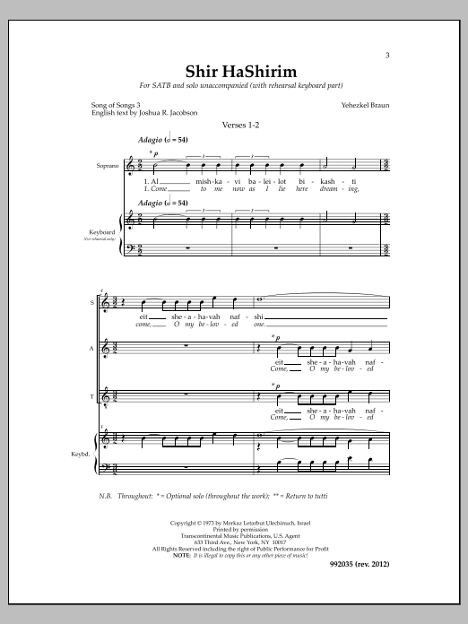 Yehezkel Braun Shir Hashirim Chapter 3 sheet music notes and chords. Download Printable PDF.