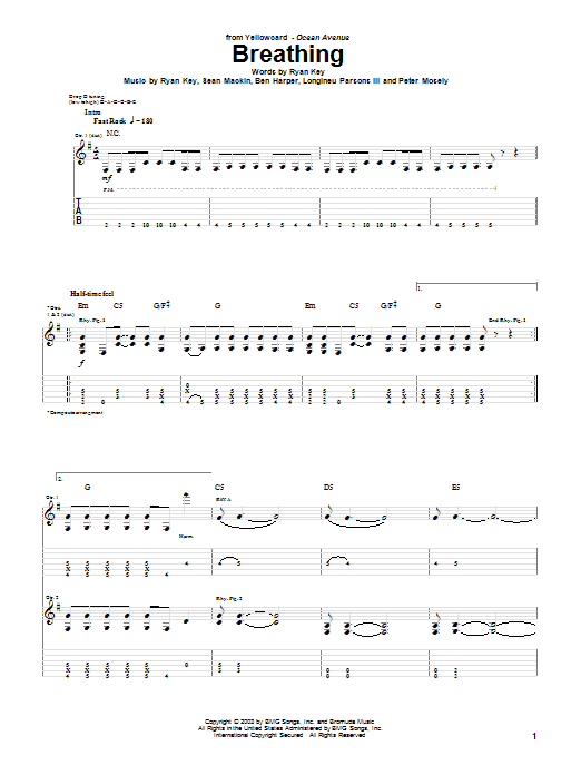 Yellowcard Breathing sheet music notes and chords. Download Printable PDF.