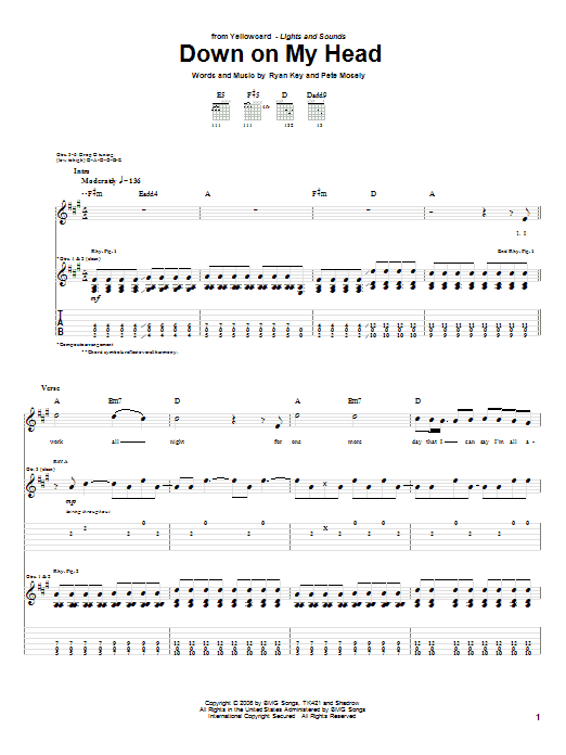 Yellowcard Down On My Head sheet music notes and chords. Download Printable PDF.