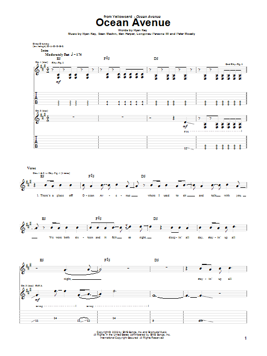 Yellowcard Ocean Avenue sheet music notes and chords. Download Printable PDF.