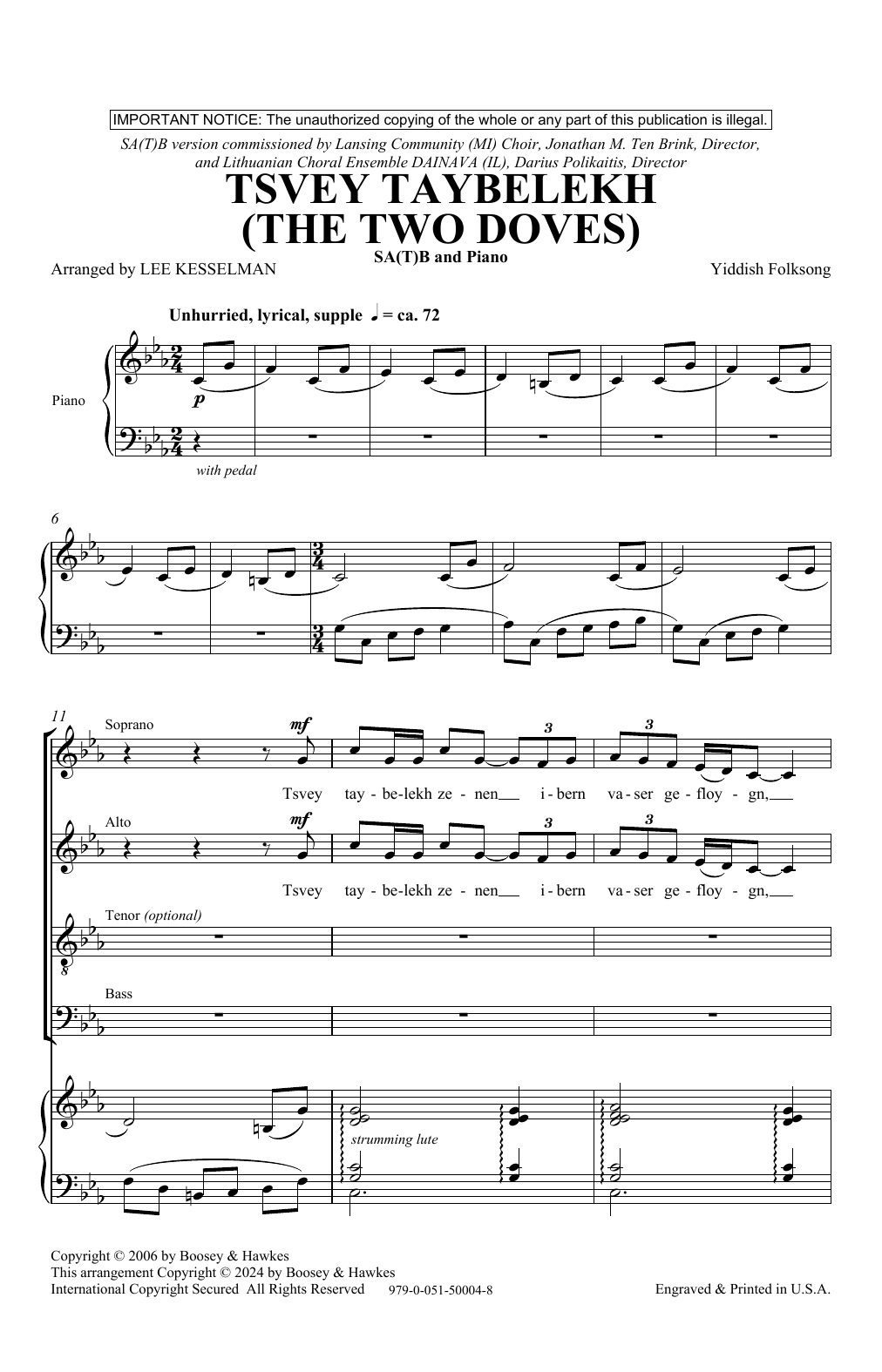 Yiddish Folksong Tsvey Taybelekh (The Two Doves) (arr. Lee R. Kesselman) sheet music notes and chords. Download Printable PDF.