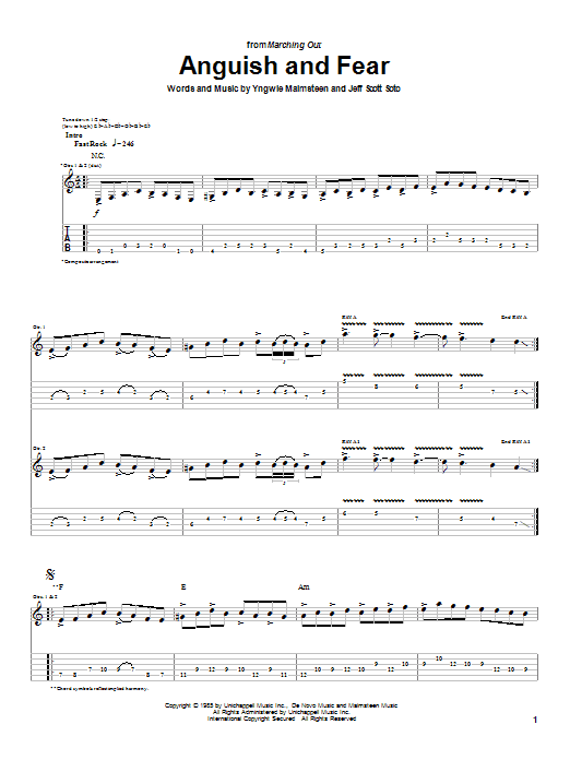 Yngwie Malmsteen Anguish And Fear sheet music notes and chords. Download Printable PDF.