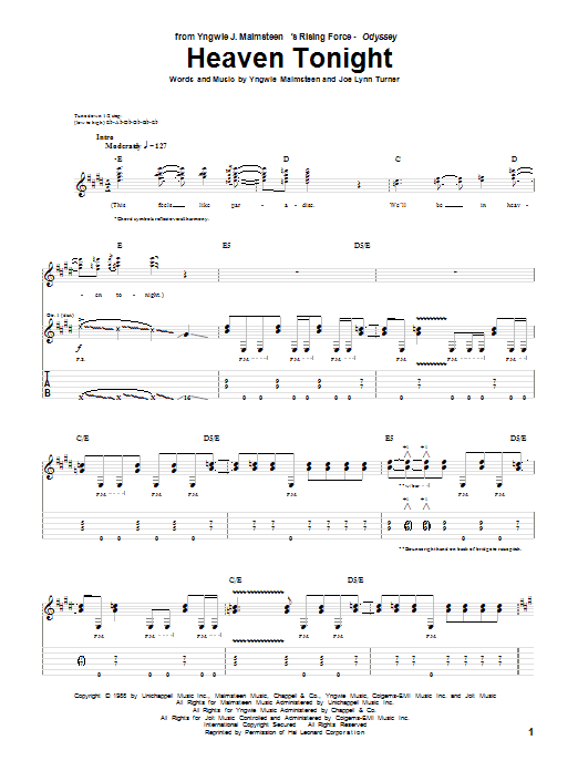 Yngwie Malmsteen Heaven Tonight sheet music notes and chords. Download Printable PDF.