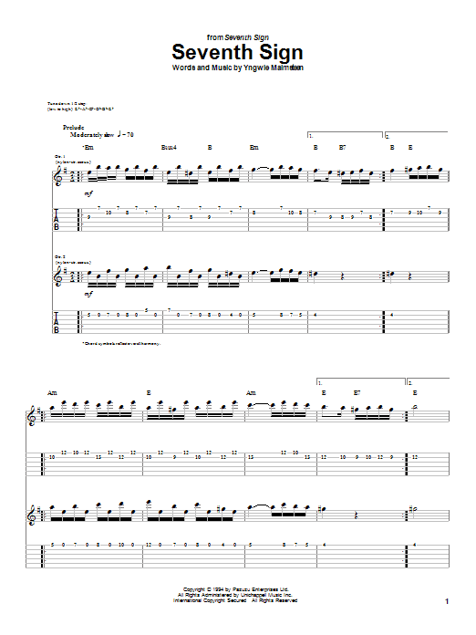 Yngwie Malmsteen Seventh Sign sheet music notes and chords. Download Printable PDF.