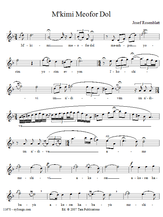 Learn to play Yossele Rosenblatt M'kimi Meofor Dol sheet music for Lead Sheet / Fake Book in minutes. Price: 5.9900$ Yossele Rosenblatt M'kimi Meofor Dol sheet music notes and chords arranged for Lead Sheet / Fake Book