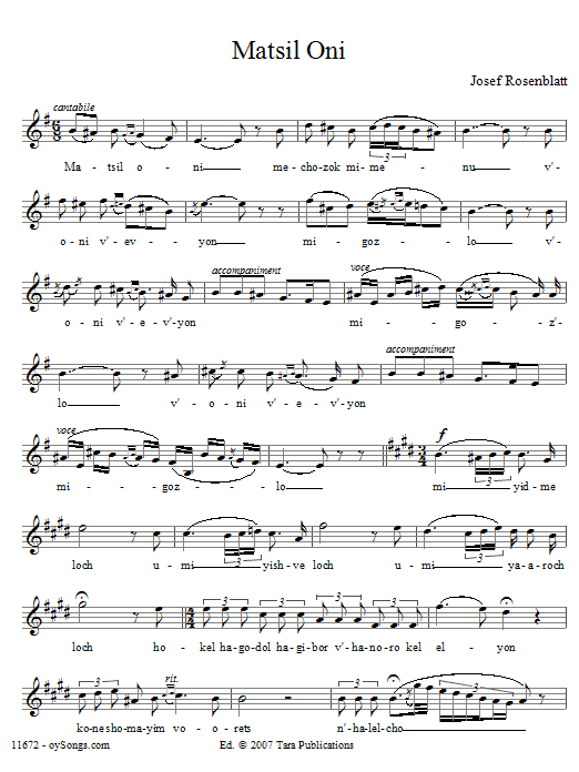 Yossele Rosenblatt Matsil Oni sheet music notes and chords. Download Printable PDF.