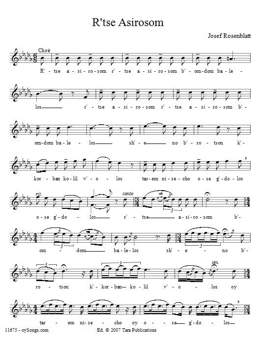 Yossele Rosenblatt R'tse Asirosom sheet music notes and chords. Download Printable PDF.