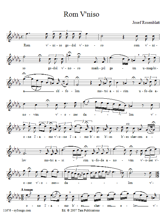 Yossele Rosenblatt Rom V'niso sheet music notes and chords. Download Printable PDF.