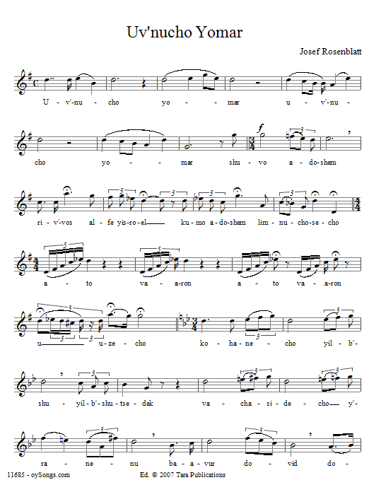 Yossele Rosenblatt Uv'nocho Yomar sheet music notes and chords. Download Printable PDF.