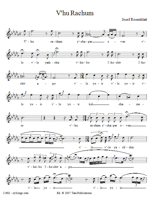 Yossele Rosenblatt V'hu Rachum sheet music notes and chords. Download Printable PDF.