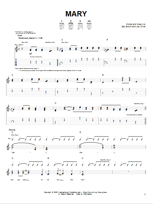 Zac Brown Band Mary sheet music notes and chords. Download Printable PDF.