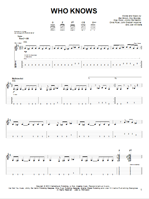 Zac Brown Band Who Knows sheet music notes and chords. Download Printable PDF.