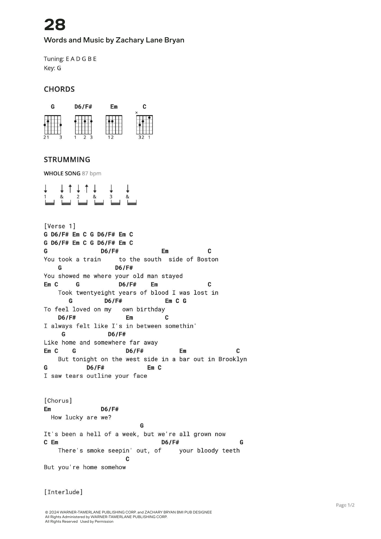 Zach Bryan 28 sheet music notes and chords. Download Printable PDF.