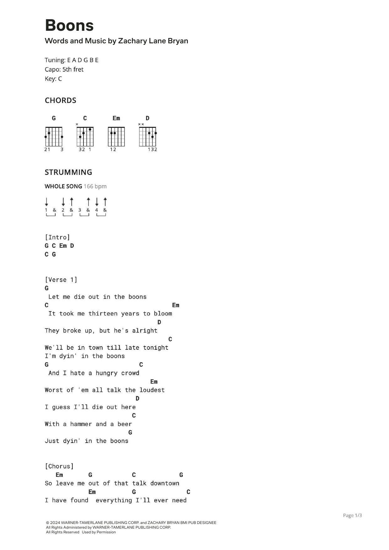 Zach Bryan & Noeline Hoffman Boons sheet music notes and chords arranged for Ultimate Guitar