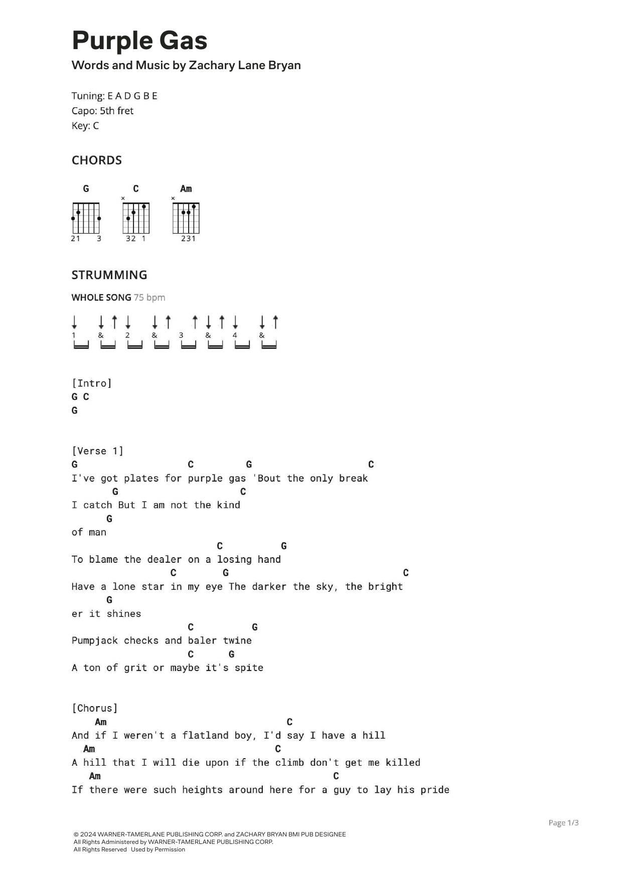 Zach Bryan & Noeline Hoffman Purple Gas sheet music notes and chords. Download Printable PDF.