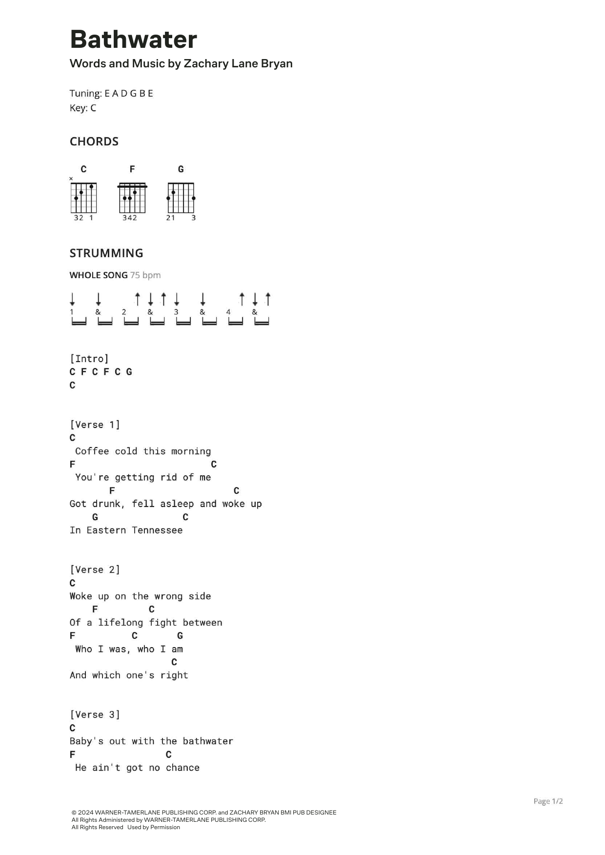 Zach Bryan Bathwater sheet music notes and chords. Download Printable PDF.