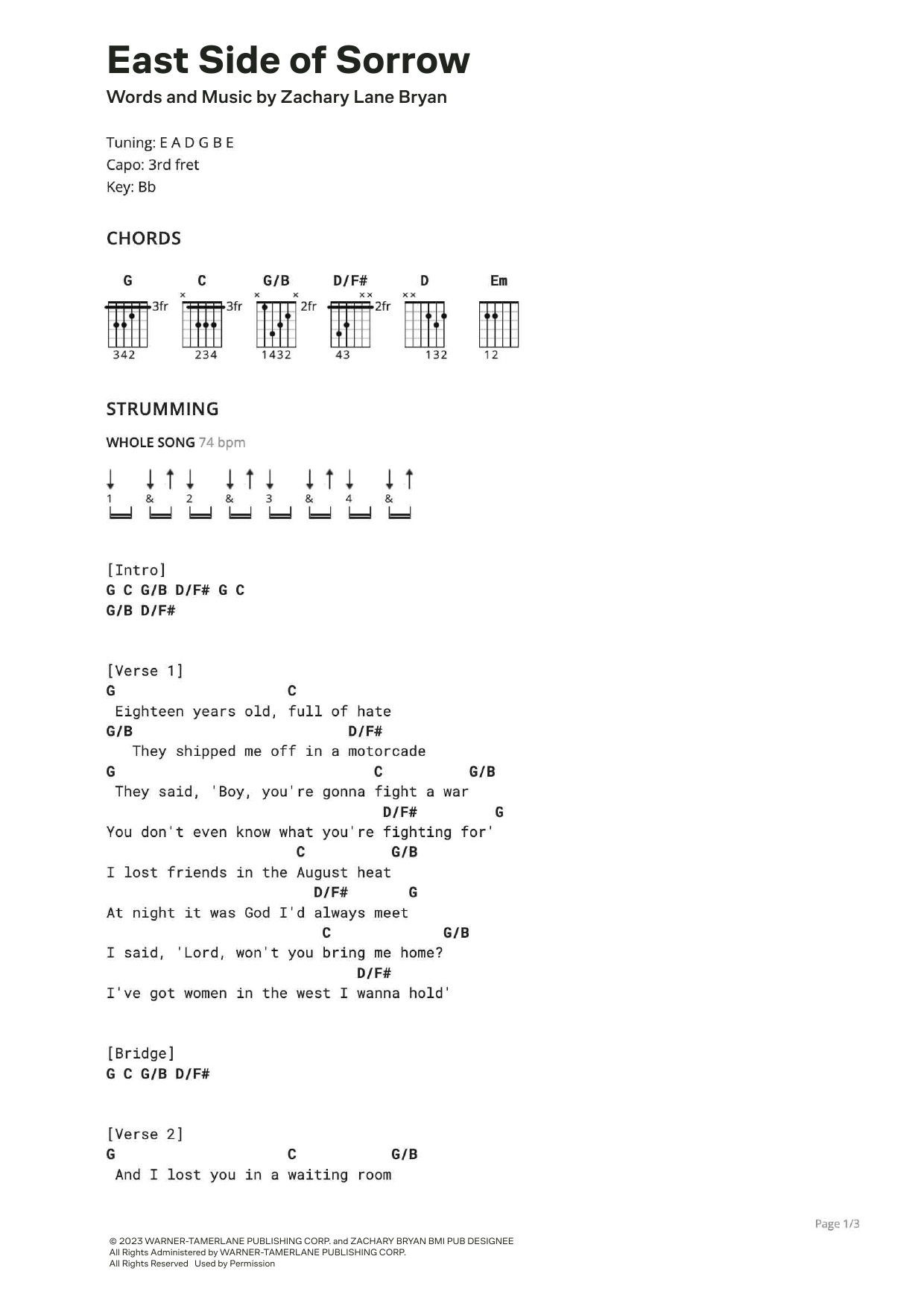 Zach Bryan East Side Of Sorrow sheet music notes and chords. Download Printable PDF.