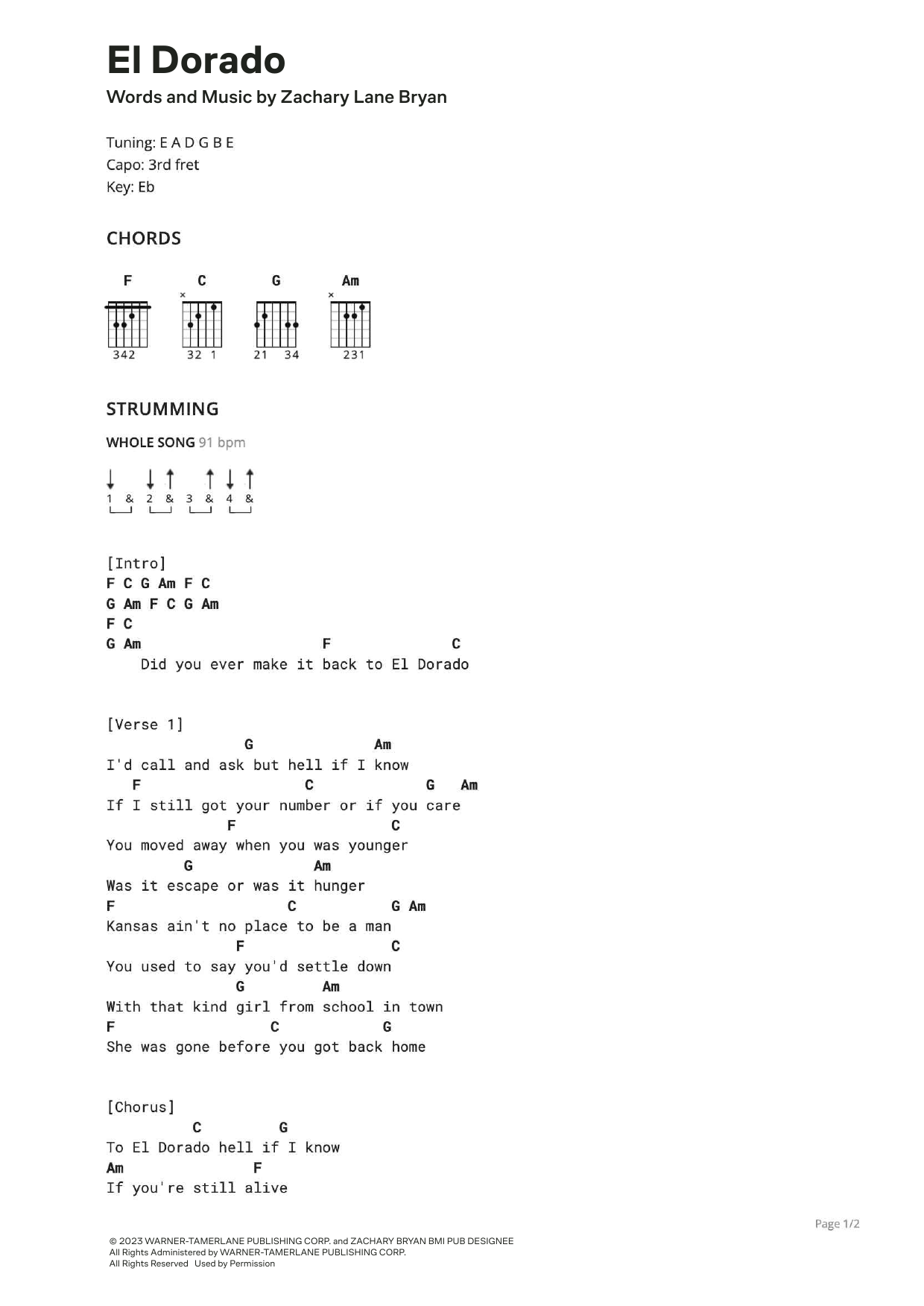 Zach Bryan El Dorado sheet music notes and chords. Download Printable PDF.