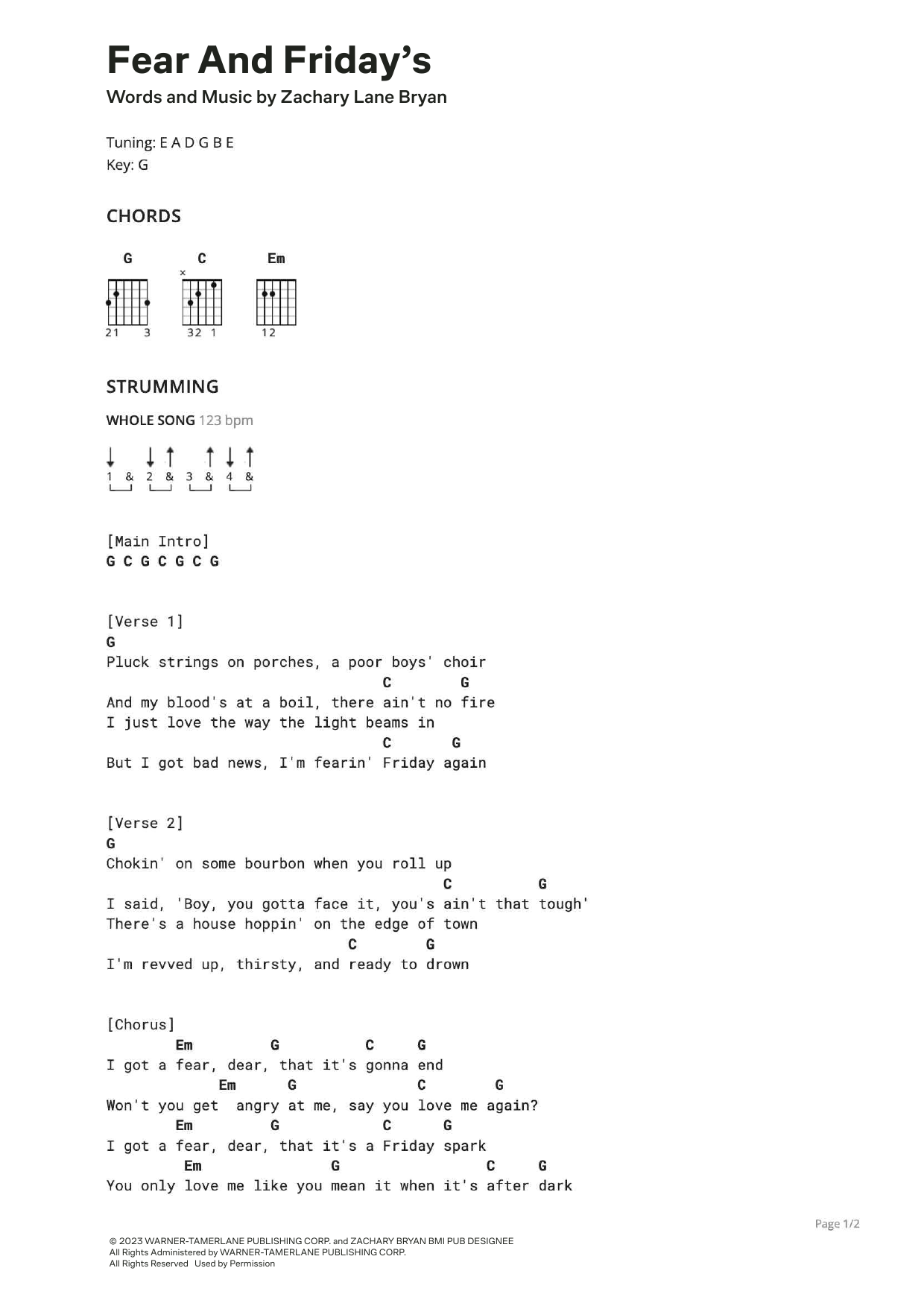 Zach Bryan Fear And Friday's sheet music notes and chords. Download Printable PDF.