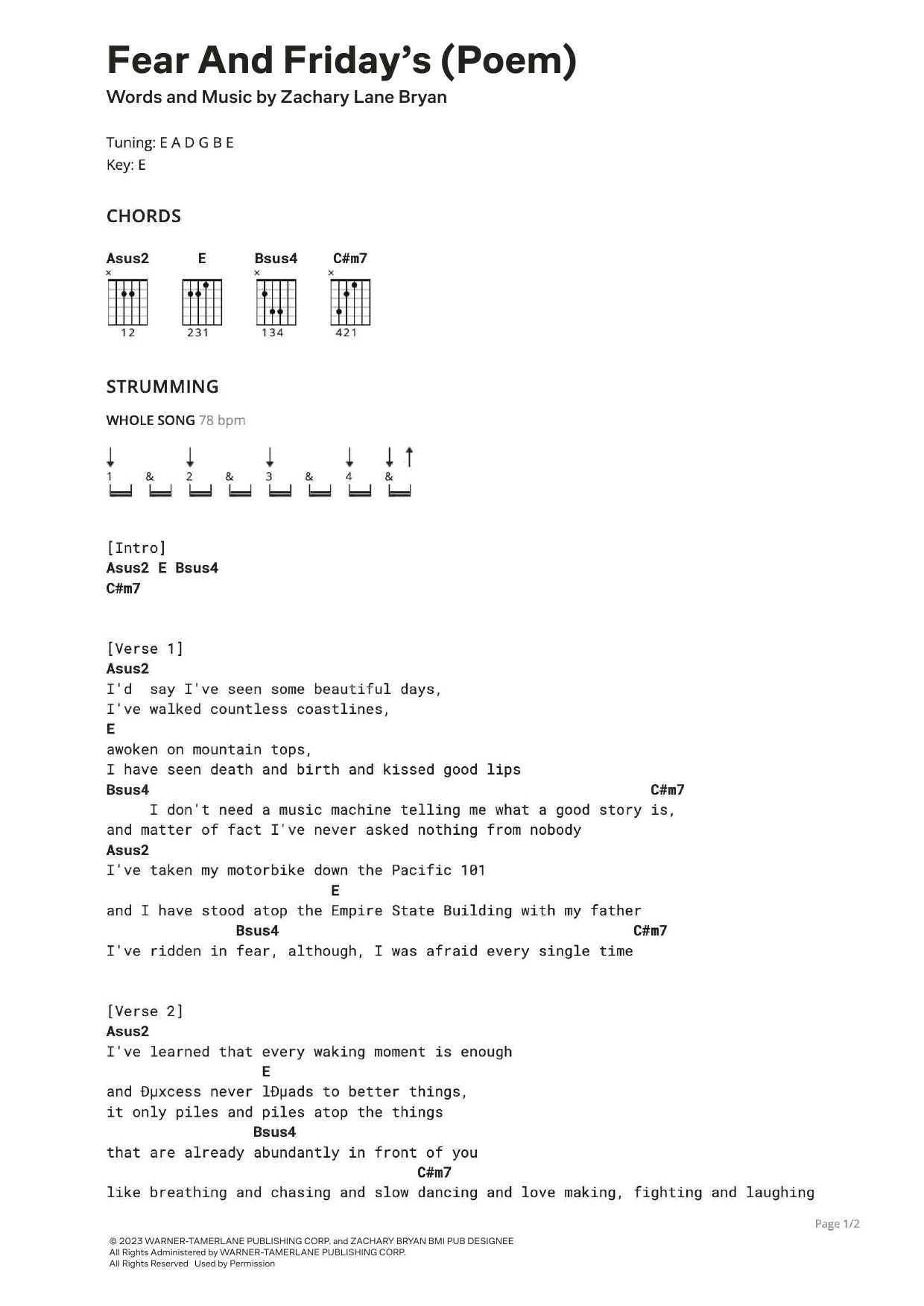 Zach Bryan Fear and Friday's (Poem) sheet music notes and chords. Download Printable PDF.