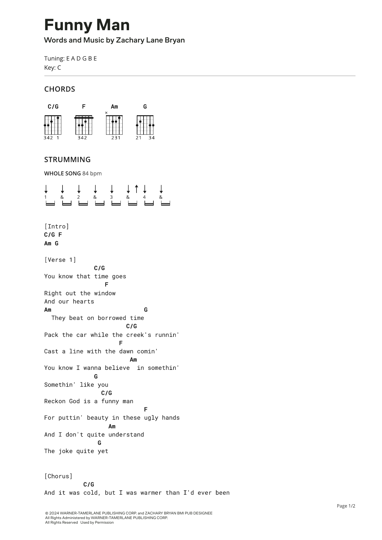 Zach Bryan Funny Man sheet music notes and chords. Download Printable PDF.