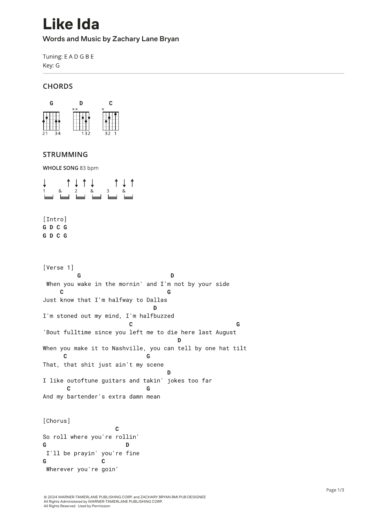 Zach Bryan Like Ida sheet music notes and chords. Download Printable PDF.